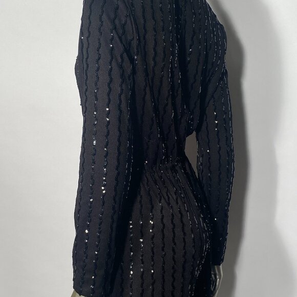 Amazing Disco 1970s Black Sequin Belted Bell Bottom Jumpsuit By Lee Jordan - Picture 5 of 6